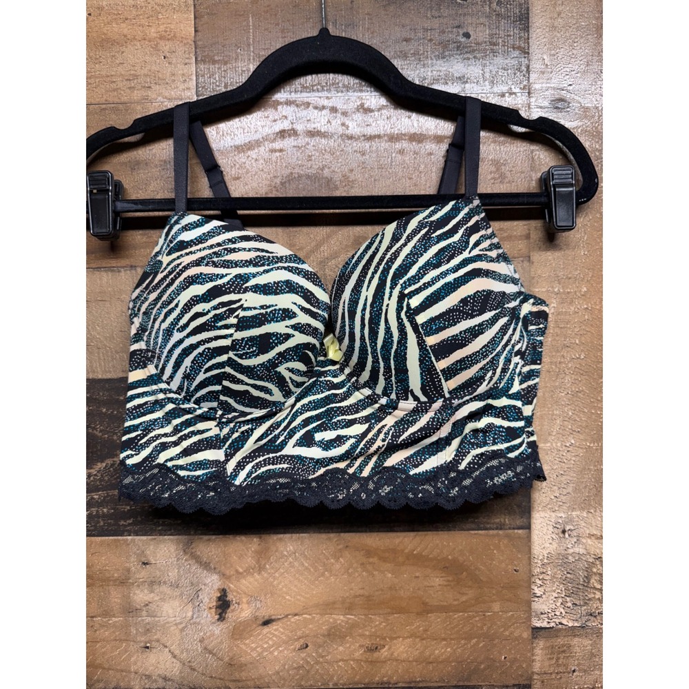 Adore Me Zebra Print Longline Bustier Bra Teal Yellow Lace Trim 36D Animal Print
